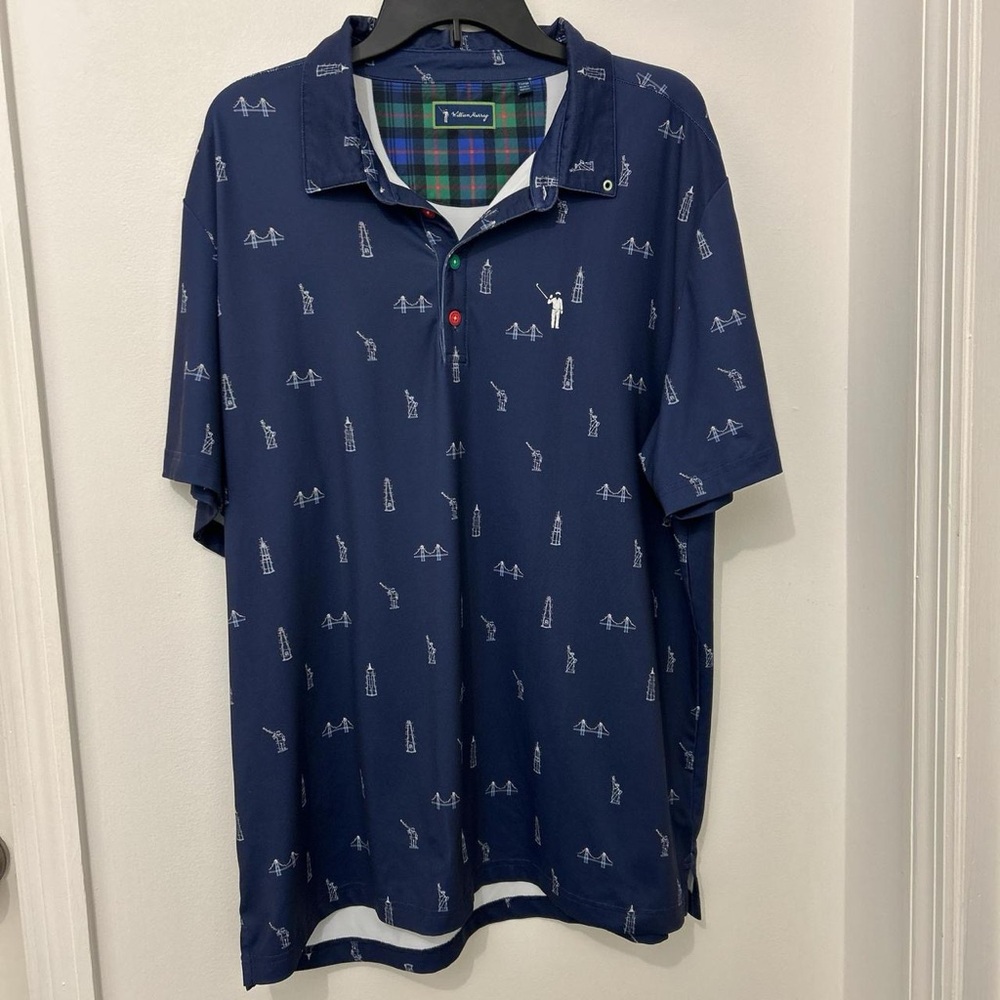 William Murray Blue Golf Polo Shirt Men’s XL NYC Christmas Print Stretch Preppy